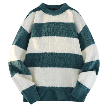 Men's New Black and White Striped Sweater Men's Autumn and Winter Loose Pullover Casual Top Men's Homestay Casual Warmth